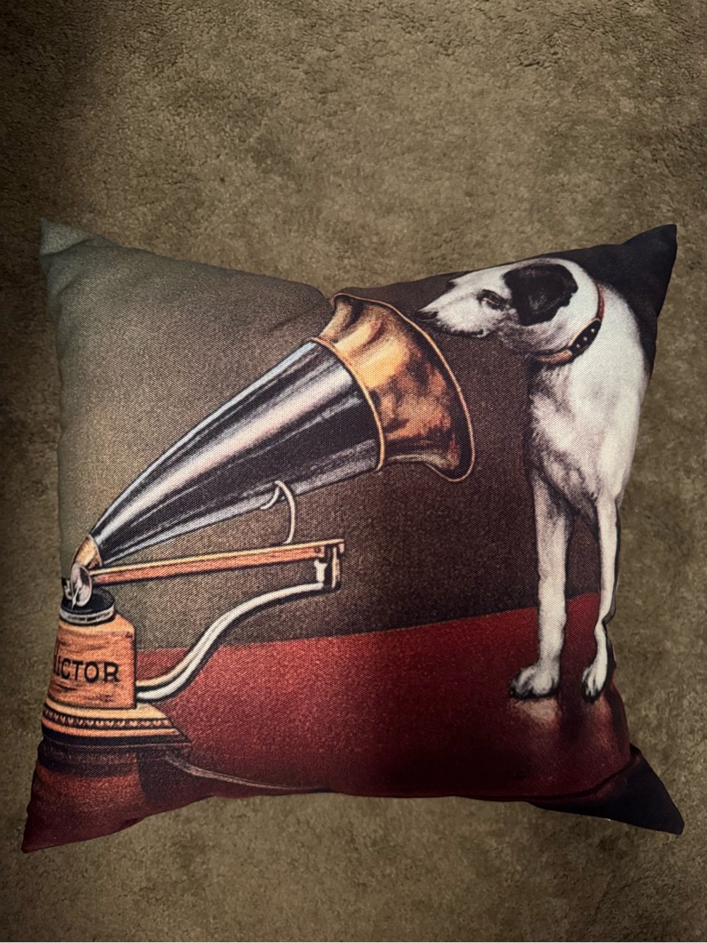 Vintage Dog & Gramophone Decorative Pillow - Brown/Red